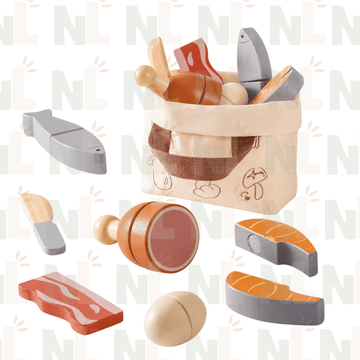 Panier d’Aliments en Bois à Découper – Set Viandes et Poissons