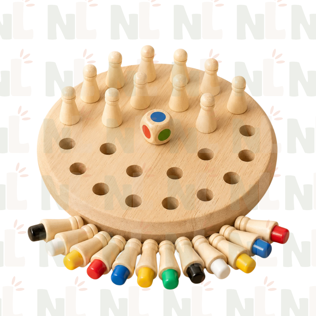 Jeu de Mémoire des Couleurs en Bois – Plateau avec Pions et Dé
