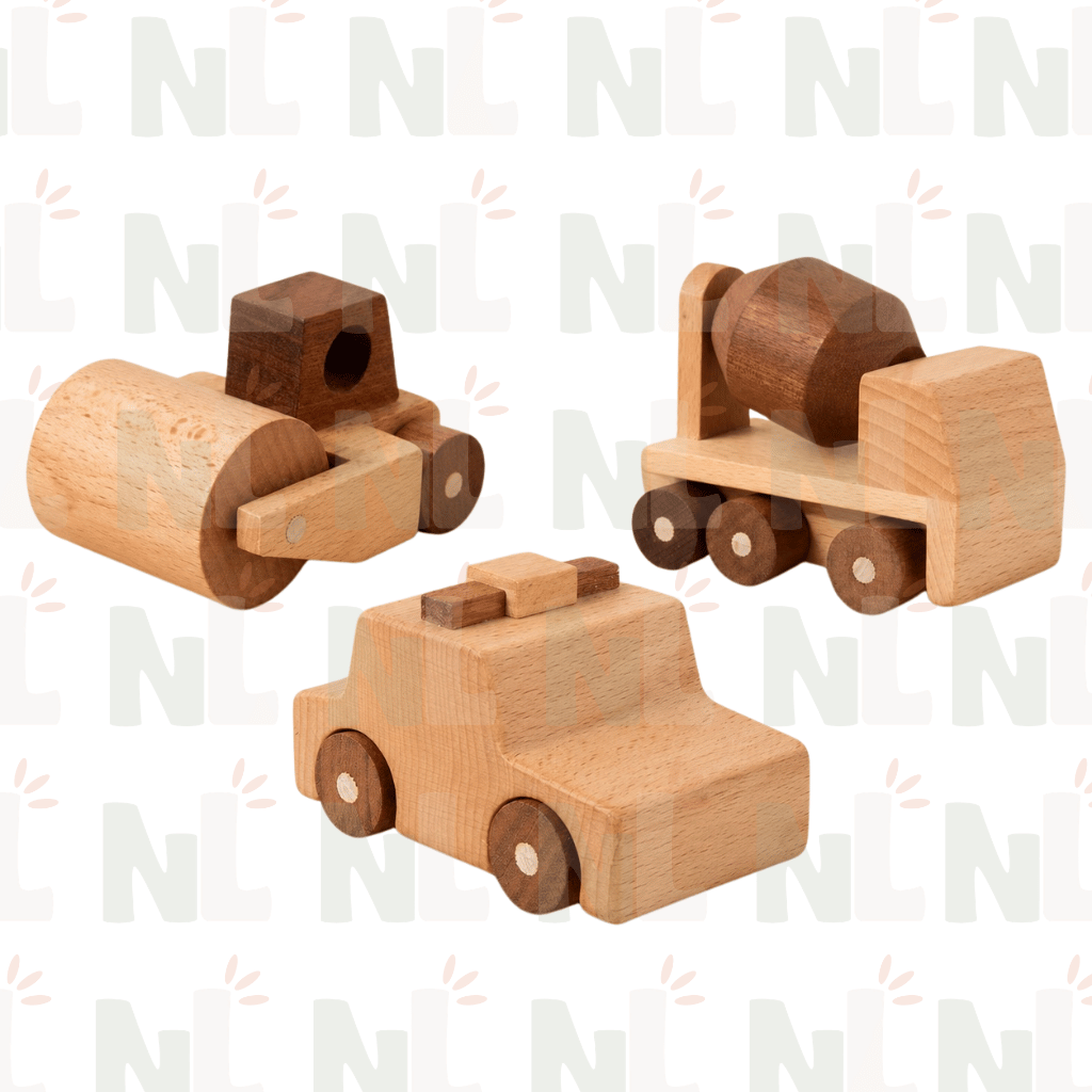 Lot de 3 Véhicules en Bois – Chantier et Secours