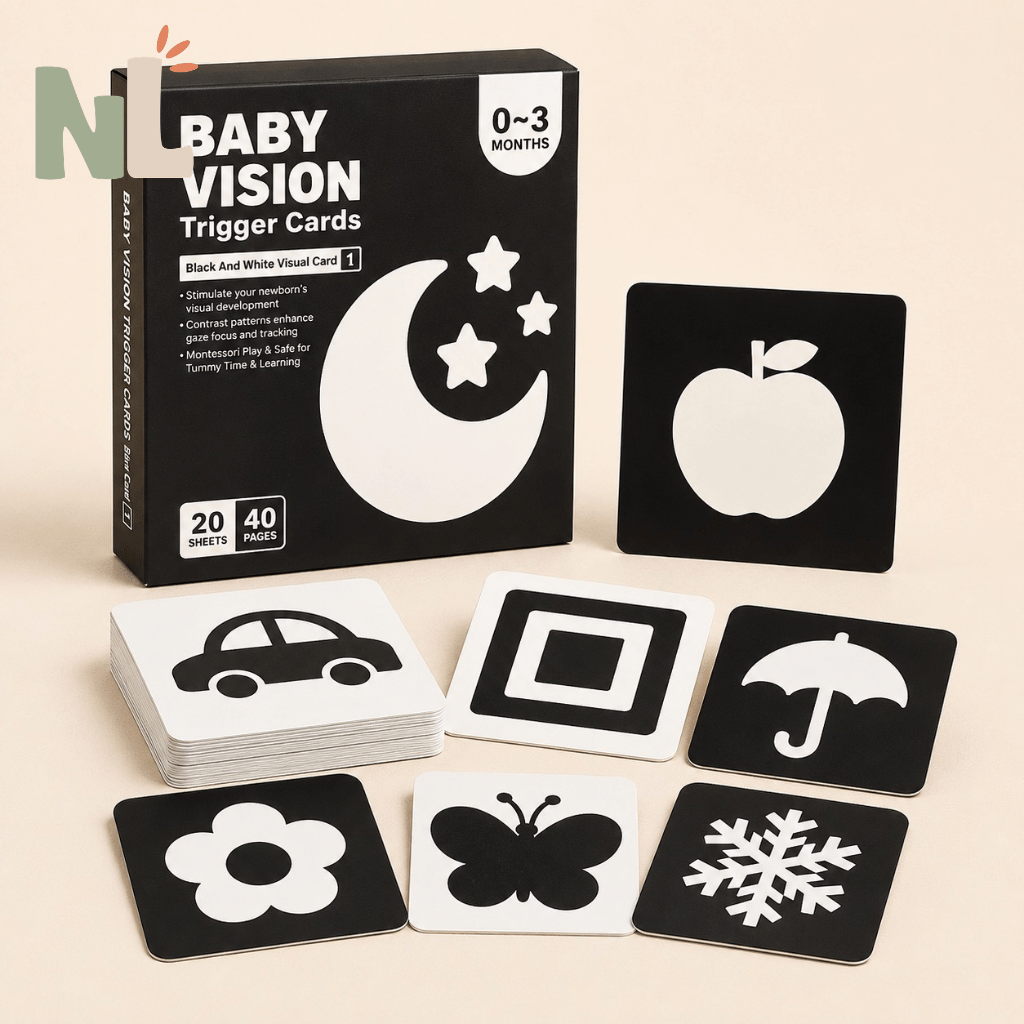 Cartes d’Éveil Visuel Noir et Blanc pour Bébé – 20 Cartes Recto Verso