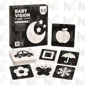 Cartes d’Éveil Visuel Noir et Blanc pour Bébé – 20 Cartes Recto Verso