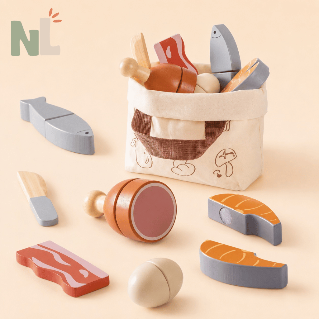 Panier d’Aliments en Bois à Découper – Set Viandes et Poissons