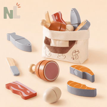 Panier d’Aliments en Bois à Découper – Set Viandes et Poissons