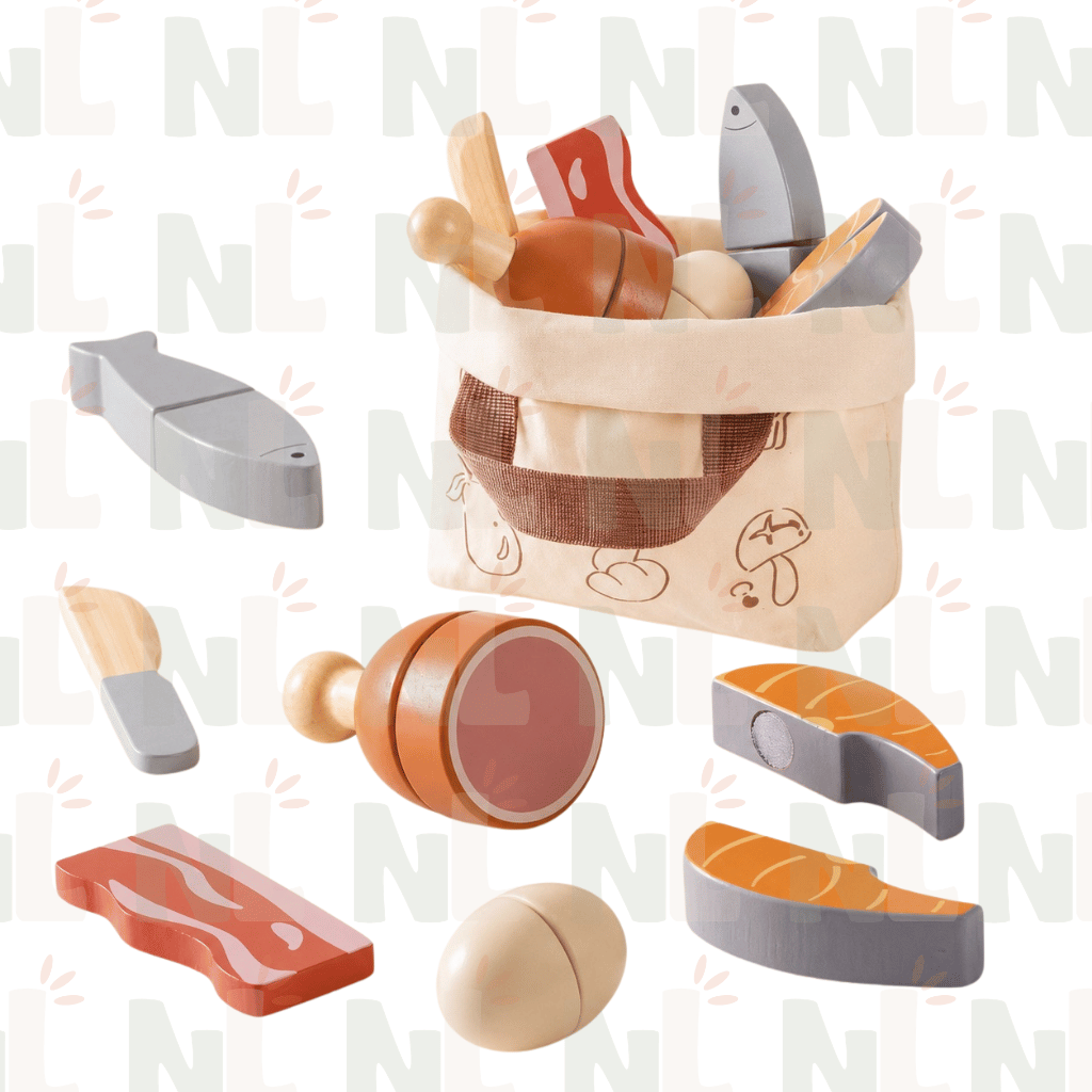 Panier d’Aliments en Bois à Découper – Set Viandes et Poissons