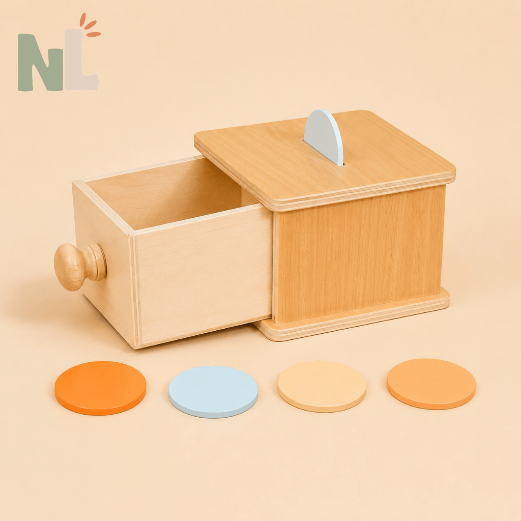 Boîte à Jetons avec Tiroir en Bois – Jeu de Motricité et de Permanence de l’Objet