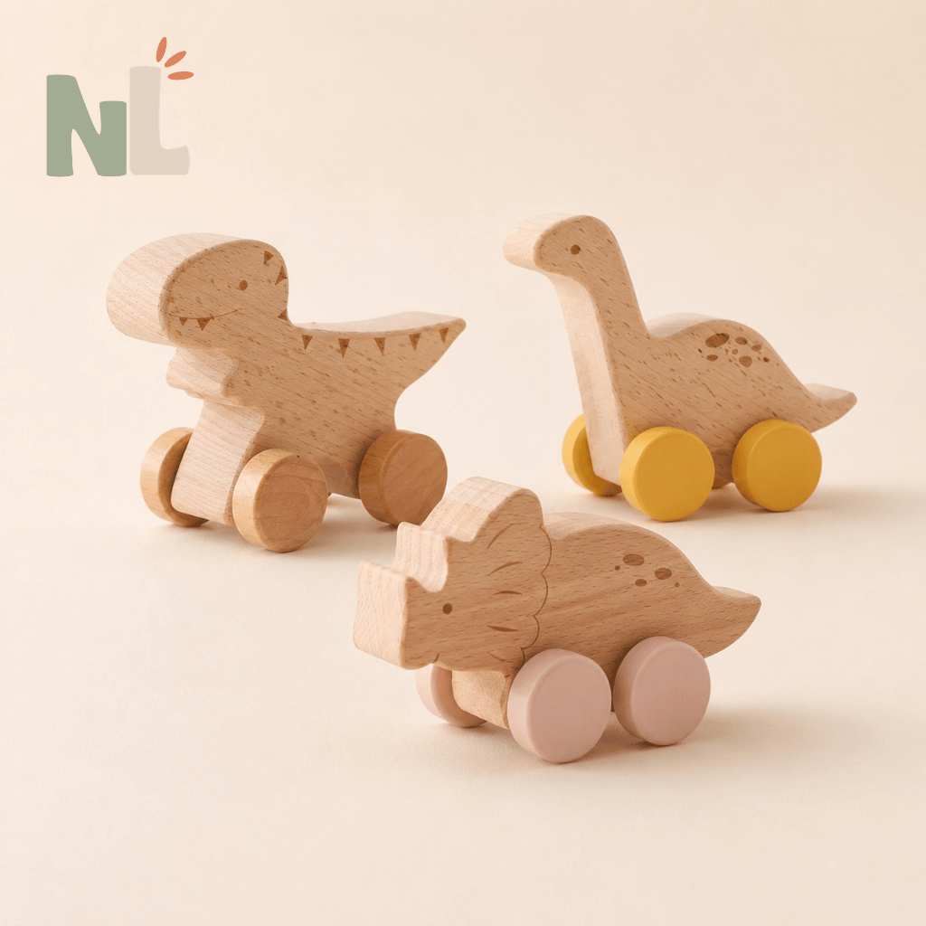 Voitures Dinosaures en Bois à Roulettes – Jouets d’Éveil et d’Imagination