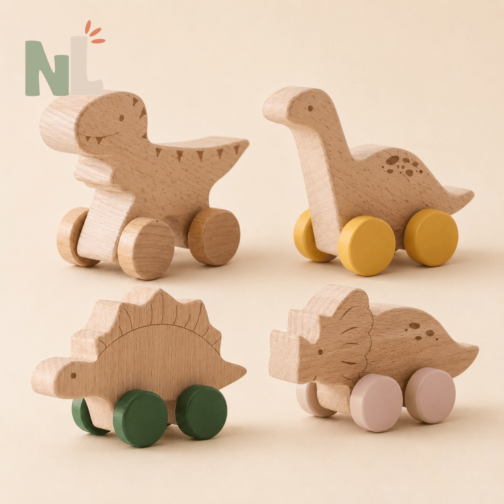 Voitures Dinosaures en Bois à Roulettes – Jouets d’Éveil et d’Imagination
