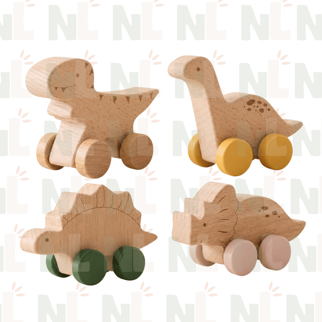 Voitures Dinosaures en Bois à Roulettes – Jouets d’Éveil et d’Imagination