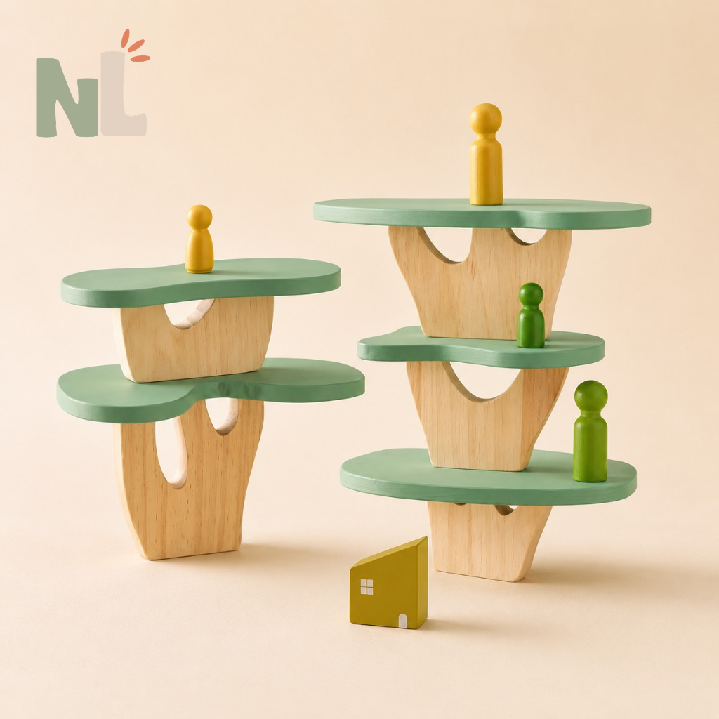 Jeu d’Équilibre Village en Bois – Maisons, Arbres et Personnages