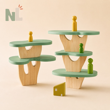 Jeu d’Équilibre Village en Bois – Maisons, Arbres et Personnages