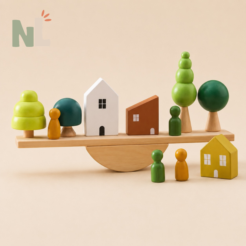 Jeu d’Équilibre Village en Bois – Maisons, Arbres et Personnages