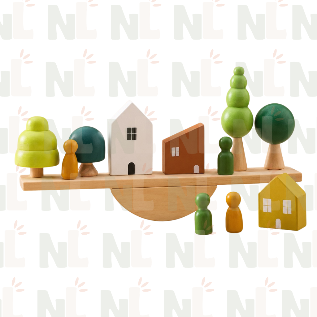 Jeu d’Équilibre Village en Bois – Maisons, Arbres et Personnages