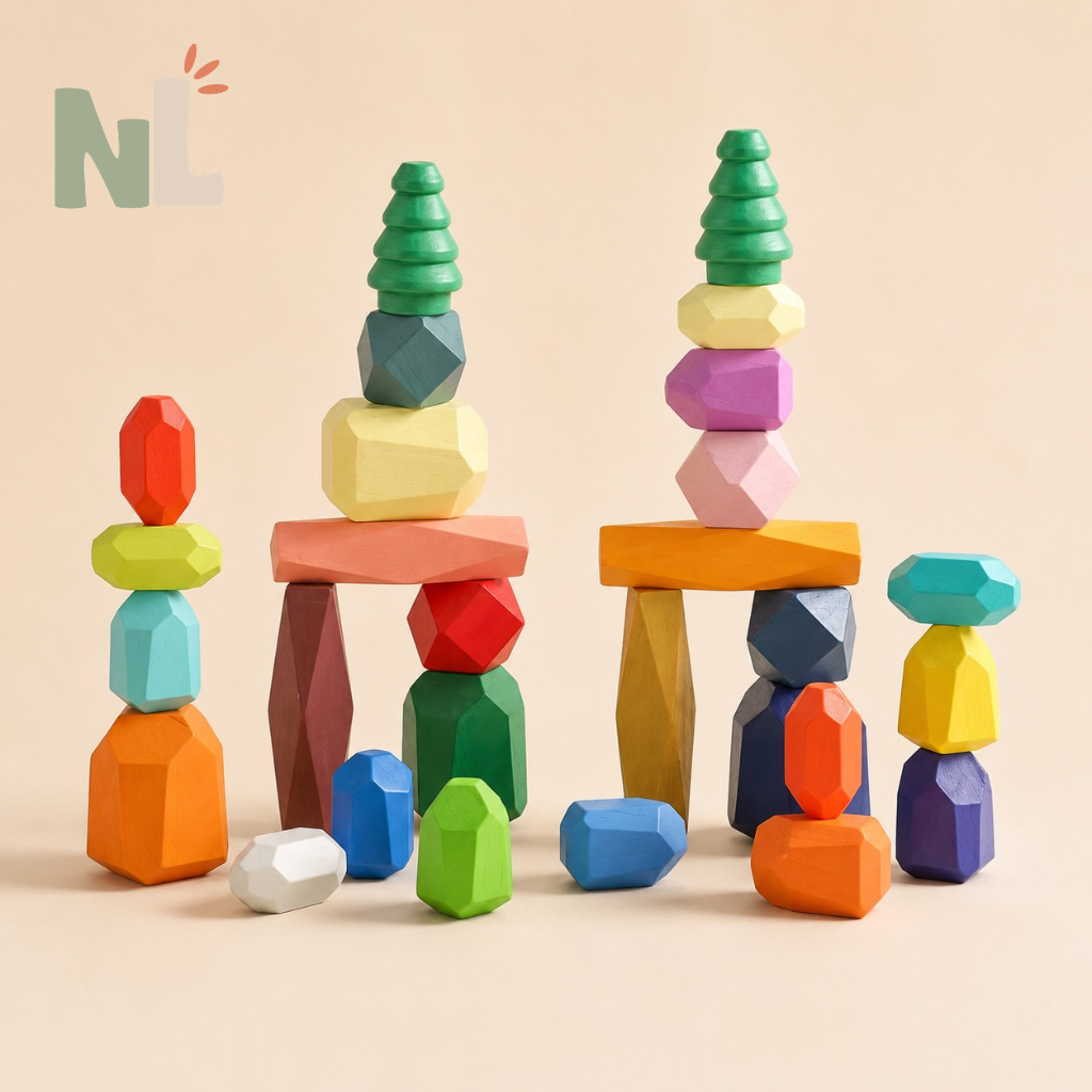Jeu de Construction en Bois – Pierres d’Équilibre et Univers de la Forêt