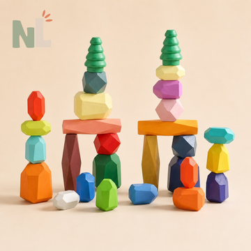 Jeu de Construction en Bois – Pierres d’Équilibre et Univers de la Forêt