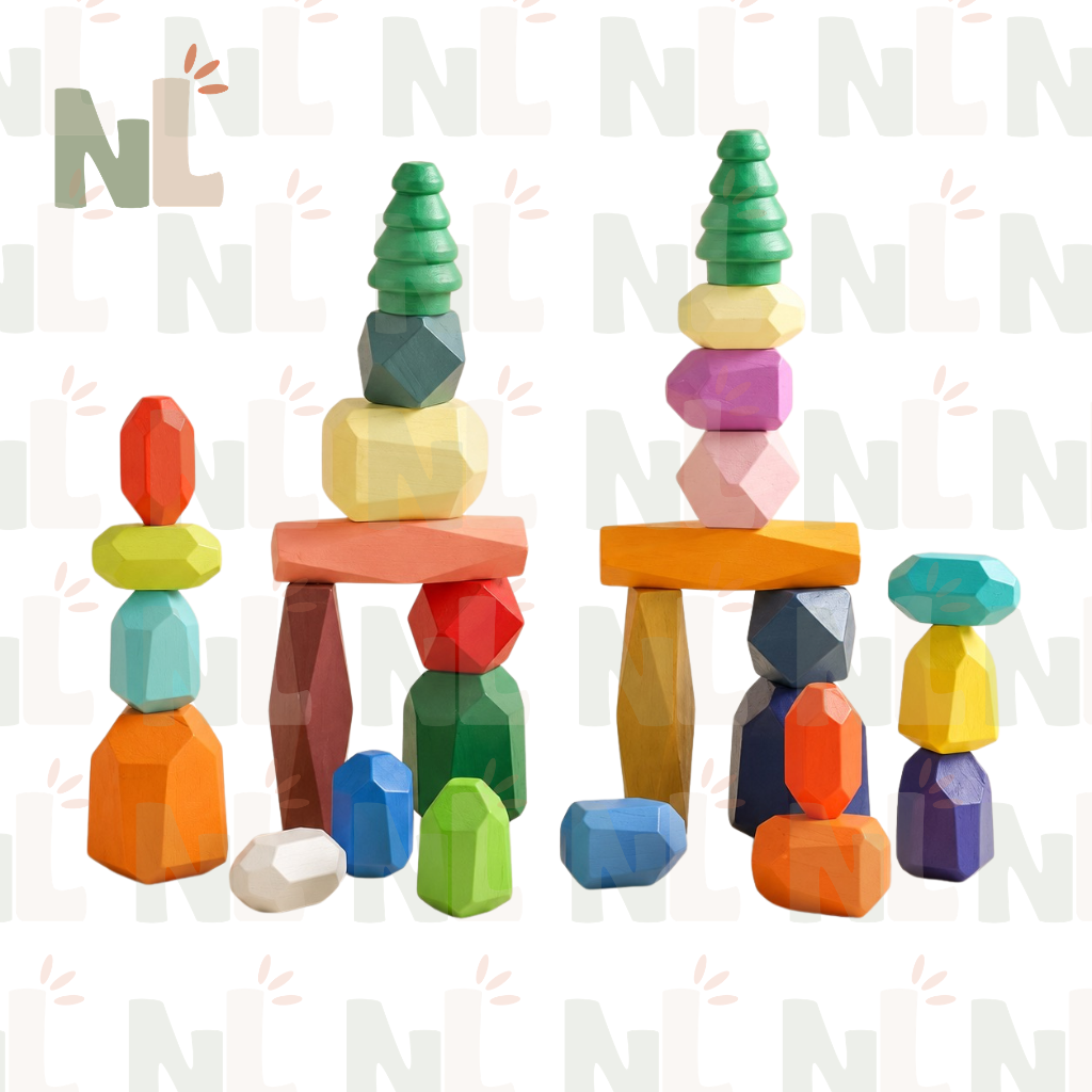 Jeu de Construction en Bois – Pierres d’Équilibre et Univers de la Forêt