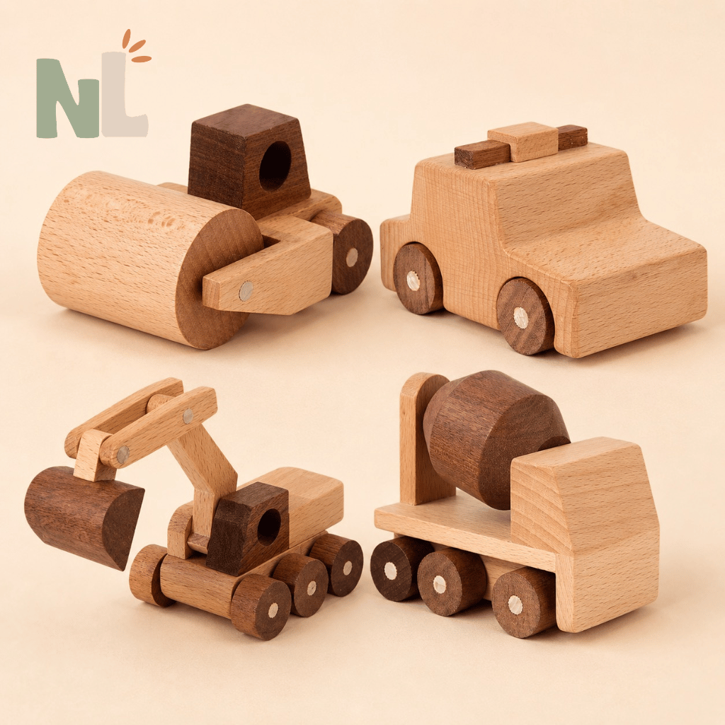 Lot de 4 Véhicules en Bois – Coffret Complet Chantier et Secours